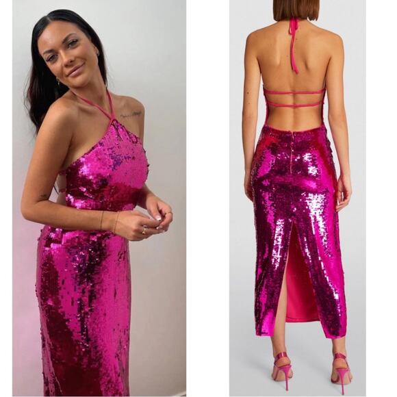 CULT GAIA Tasmina Sequin Embellished Halterneck Pink Midi Dress Size Medium - Picture 4 of 10